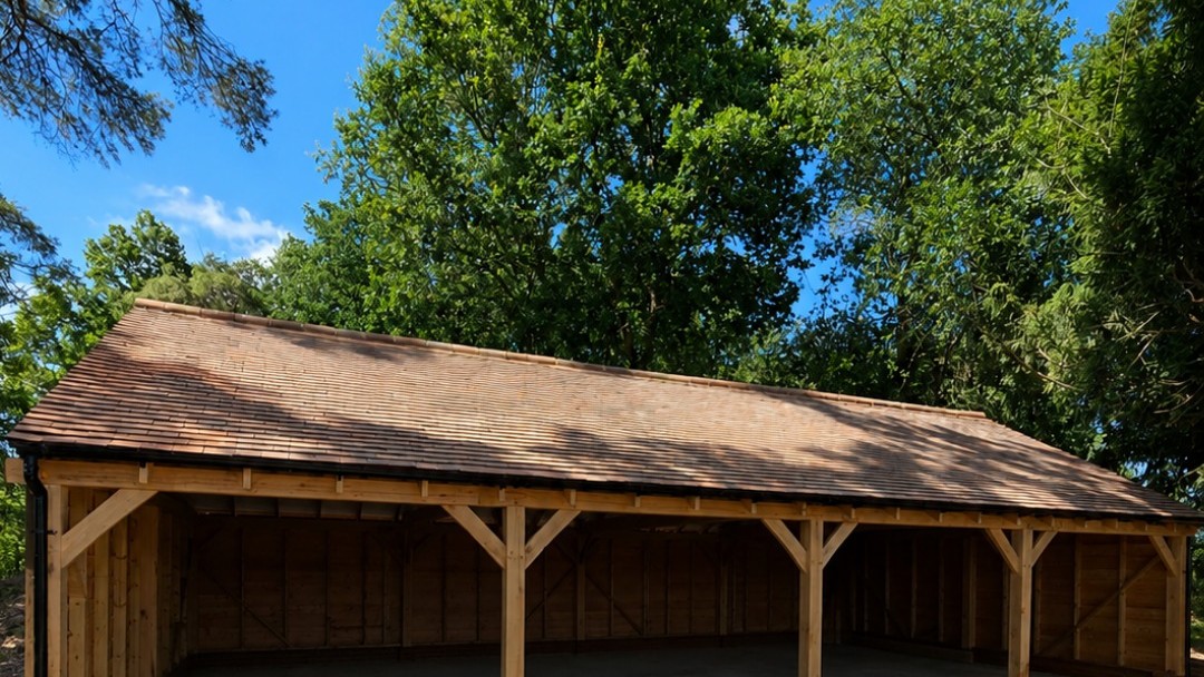 Completed two-bay oak framed garage in Upminster, Essex
